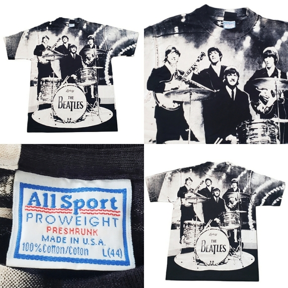 VTG Rare 90s All Over Print The Beatles Band Tee Trevco Sportswear Apple Corps L